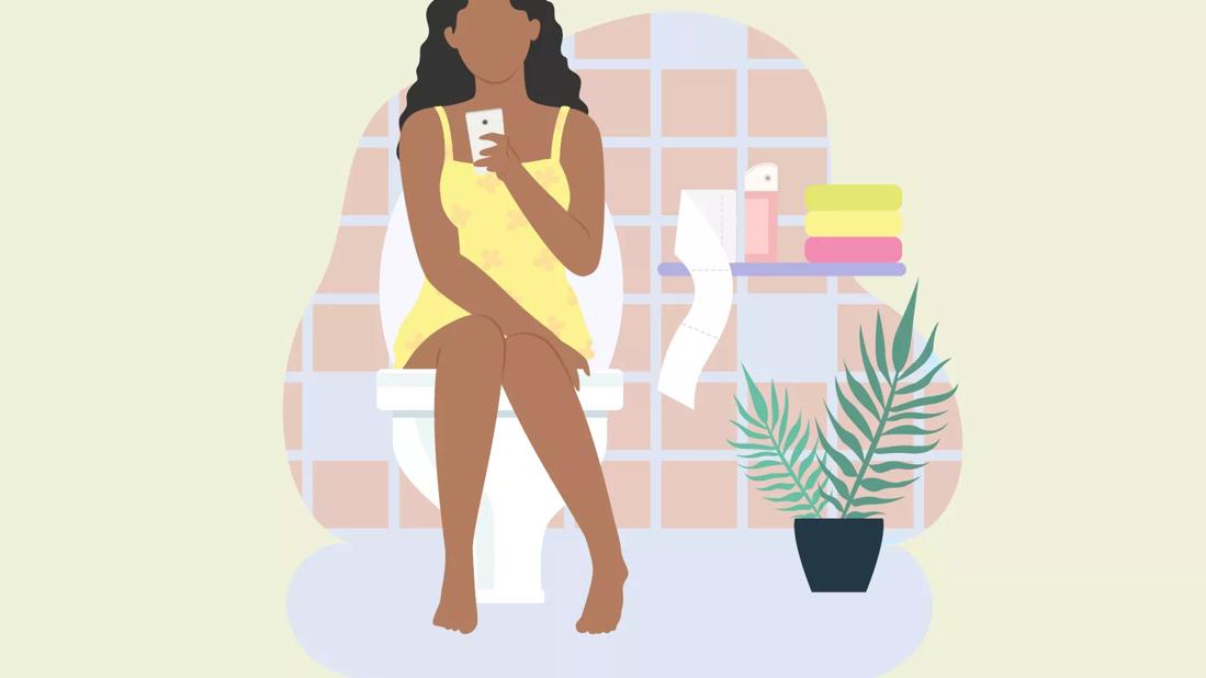 Graphic of woman sitting on a toilet while looking at her phone.