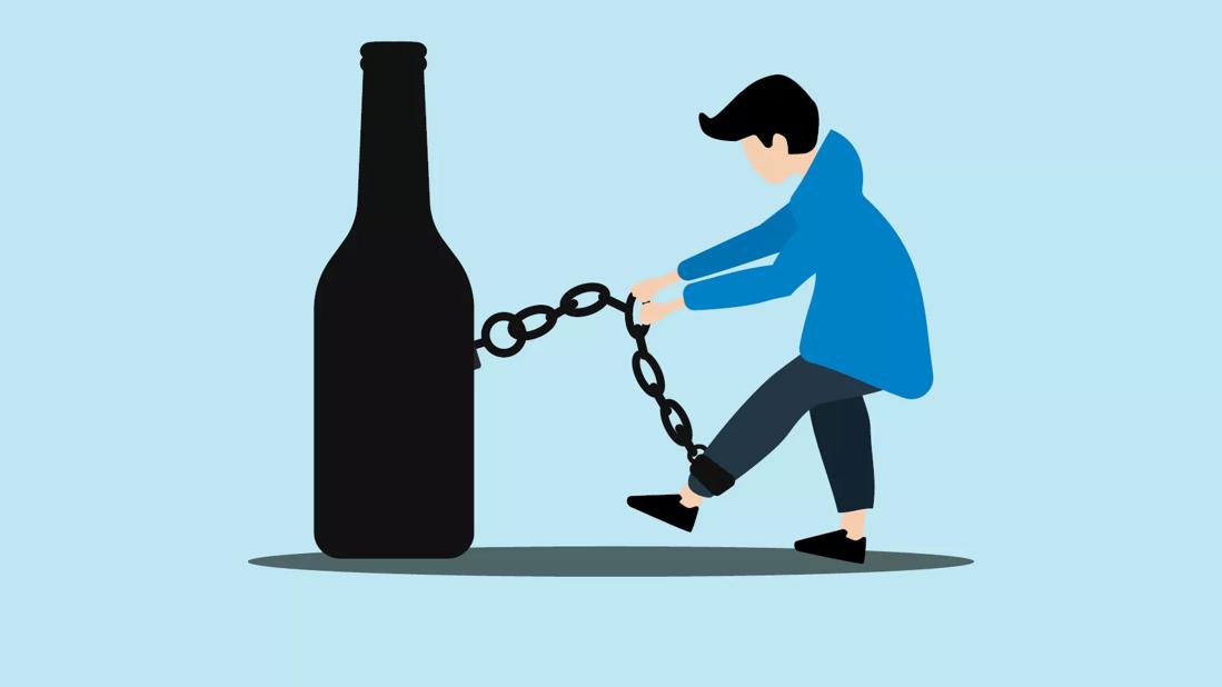 Symbolic illustration of a person chained to a bottle to represent addiction