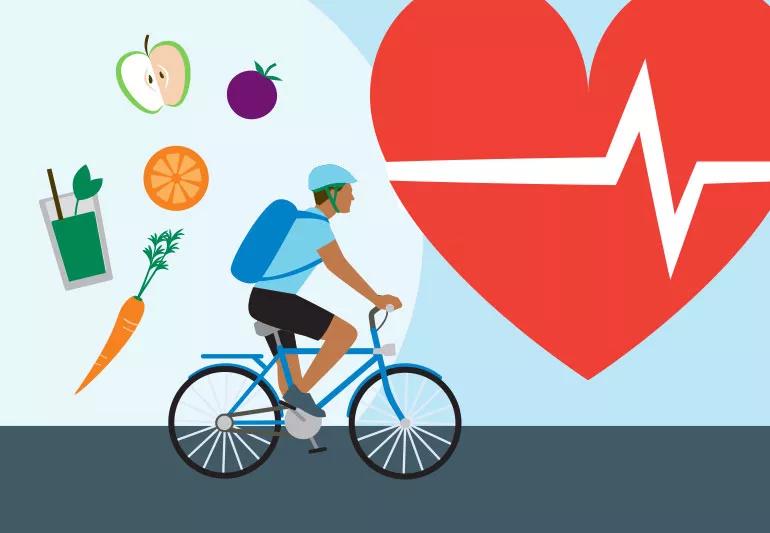 Biker in foreground with healthy food in air behind him, cycling towards a healthy heartbeat.