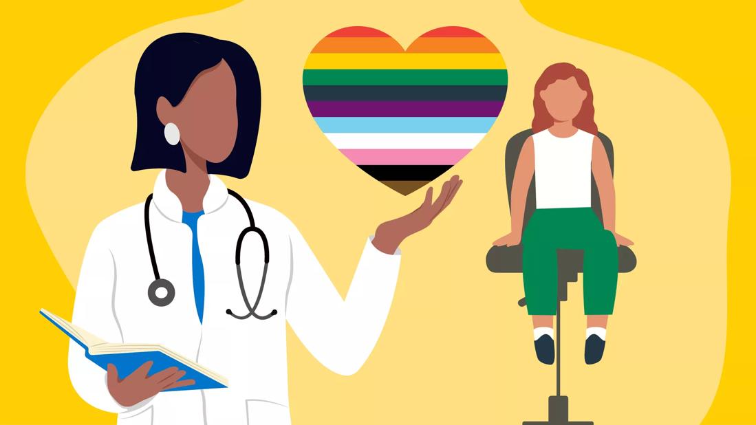 Rainbow-colored heart hovering above healthcare provider's hand, with child sitting in exam chair