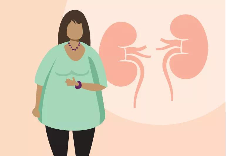 Illustration of overwieght woman with kidneys in background