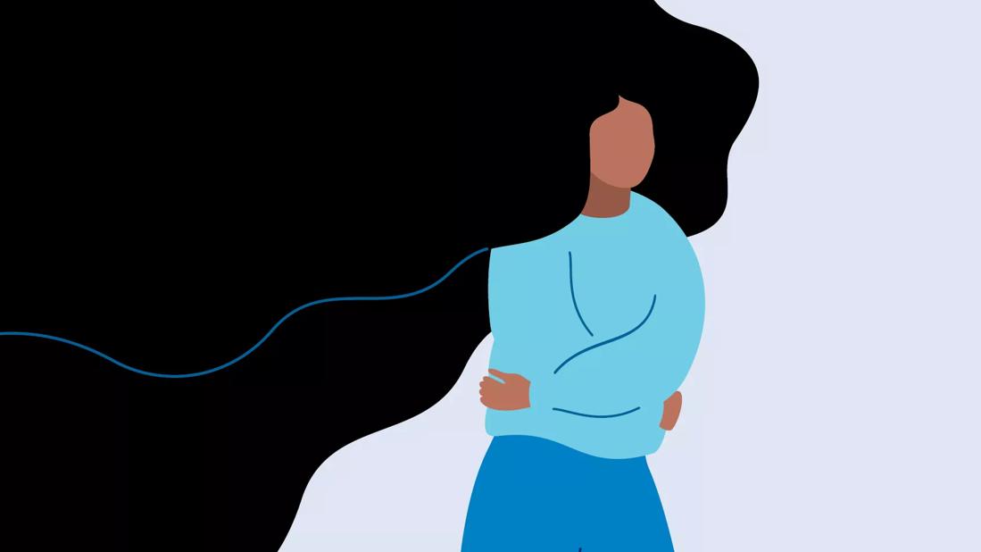 Illustration of a woman hugging herself beneath a dark cloud of black hair that represents treatment-resistant depression.