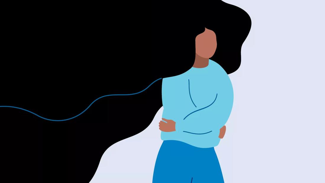 Illustration of a woman hugging herself beneath a dark cloud of black hair that represents treatment-resistant depression.