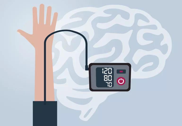 Taking a blood pressure check with an image of a brain in the background