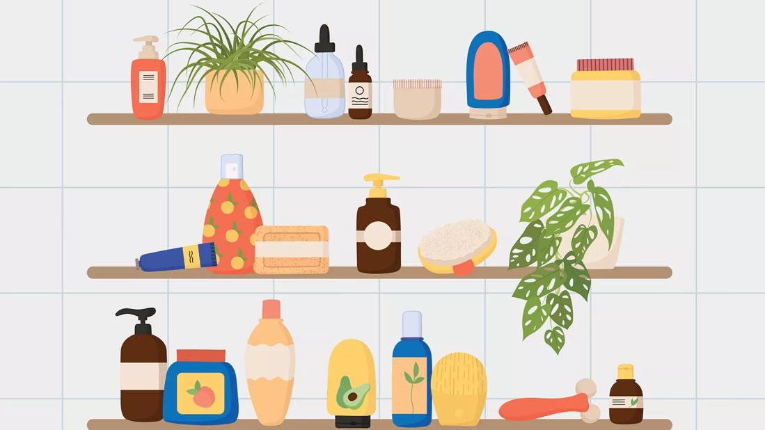 Bathroom shelves with a variety of skin care products.