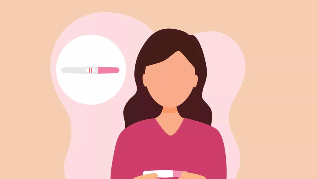 An illustration of a person reading a pregnancy test that shows two red lines as positive