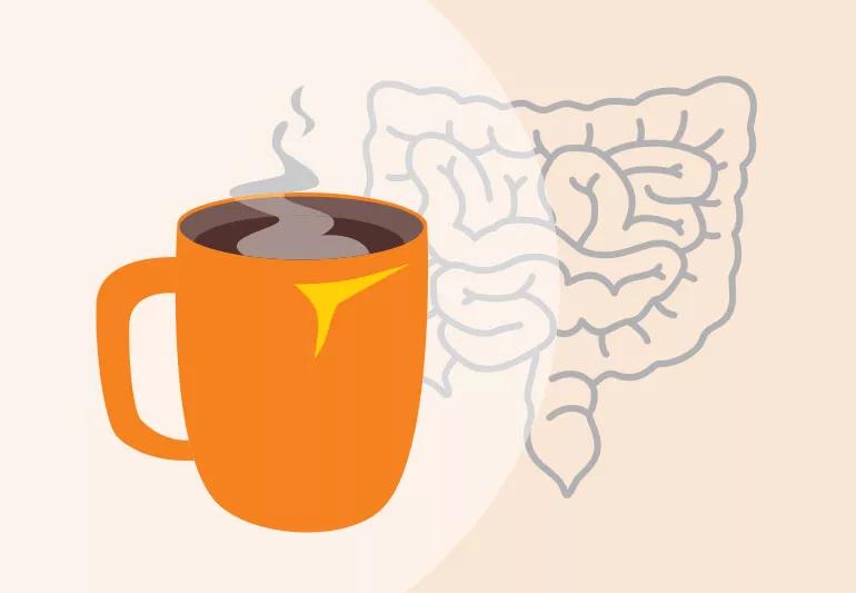 Hot coffee in orange mug with colon outline in background.