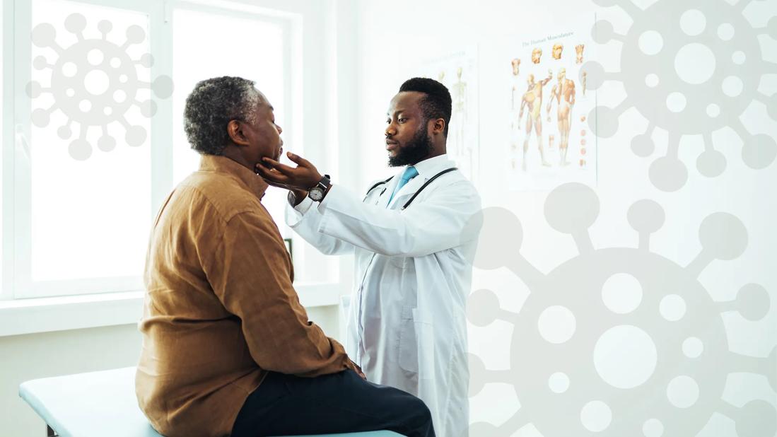 Healthcare provider examining person's throat in office, with oversized germs around