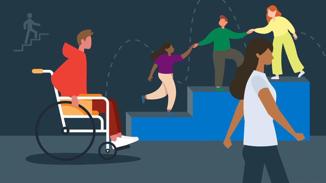 Person in wheelchair, with people nearby easily using stair blocks