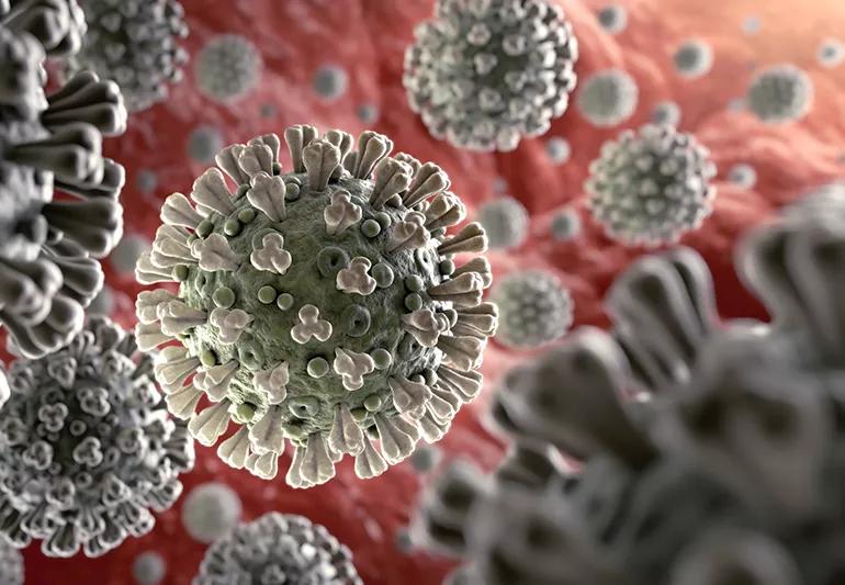 Zoomed in rendering of the covid-19 virus.