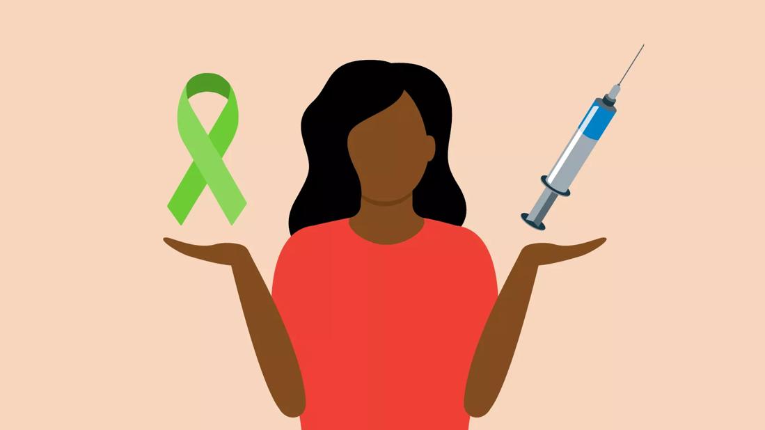Illustration of person with raised hands. A syringe is over one hand; a green ribbon for lymphoma is above the other