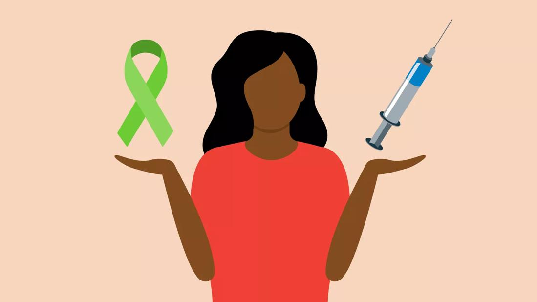 Illustration of person with raised hands. A syringe is over one hand; a green ribbon for lymphoma is above the other