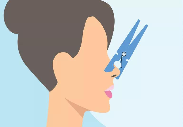 Illustration of a clothespin on a woman's nose
