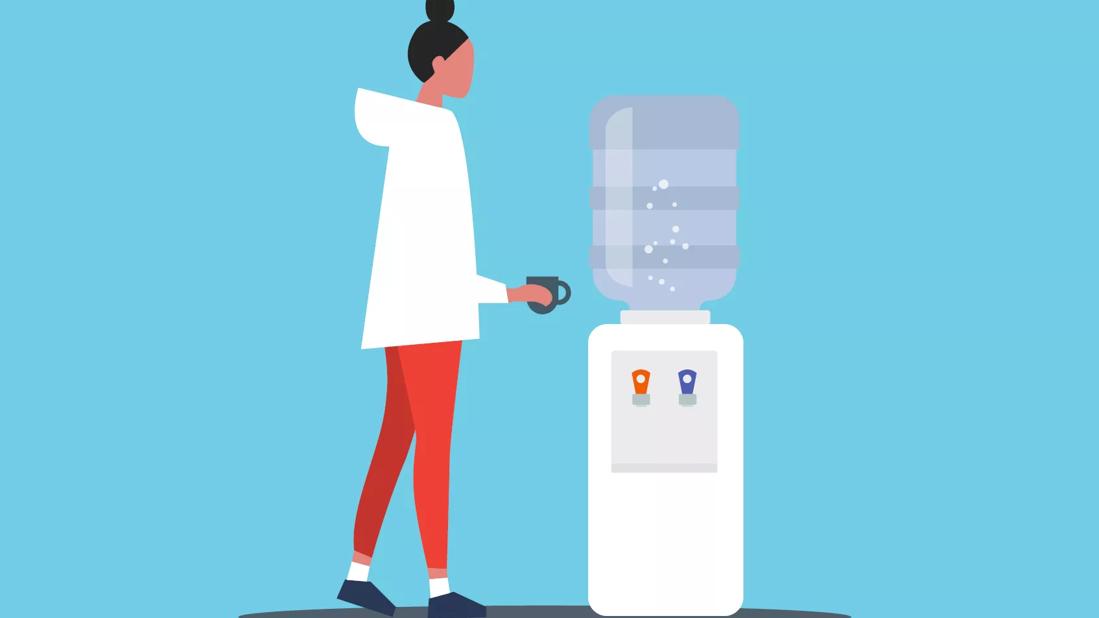 An illustration of a person filling their mug at a water cooler