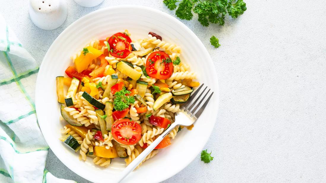 Bowl of Italian vegetable pasta salad