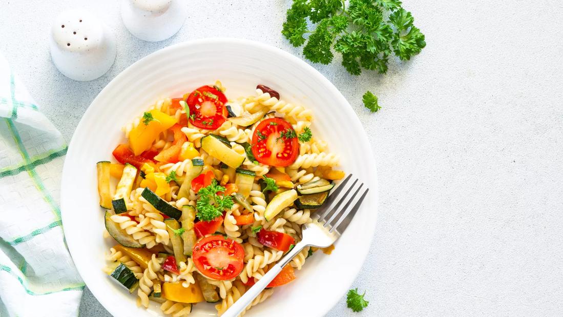 Bowl of Italian vegetable pasta salad