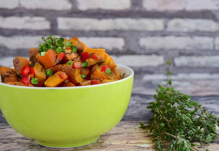 Sweet potatoes onions and red pepper salad