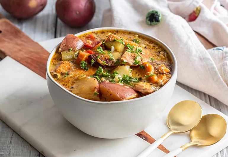 Bowl of veggie stew with turkey tenders