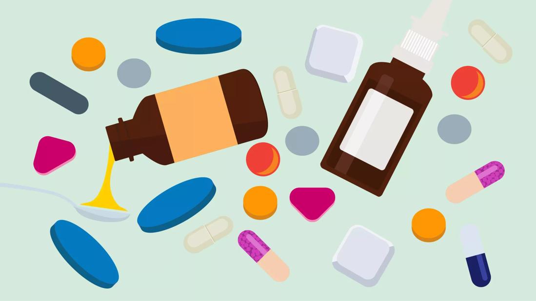 Variety of medication pills and tablets and liquids