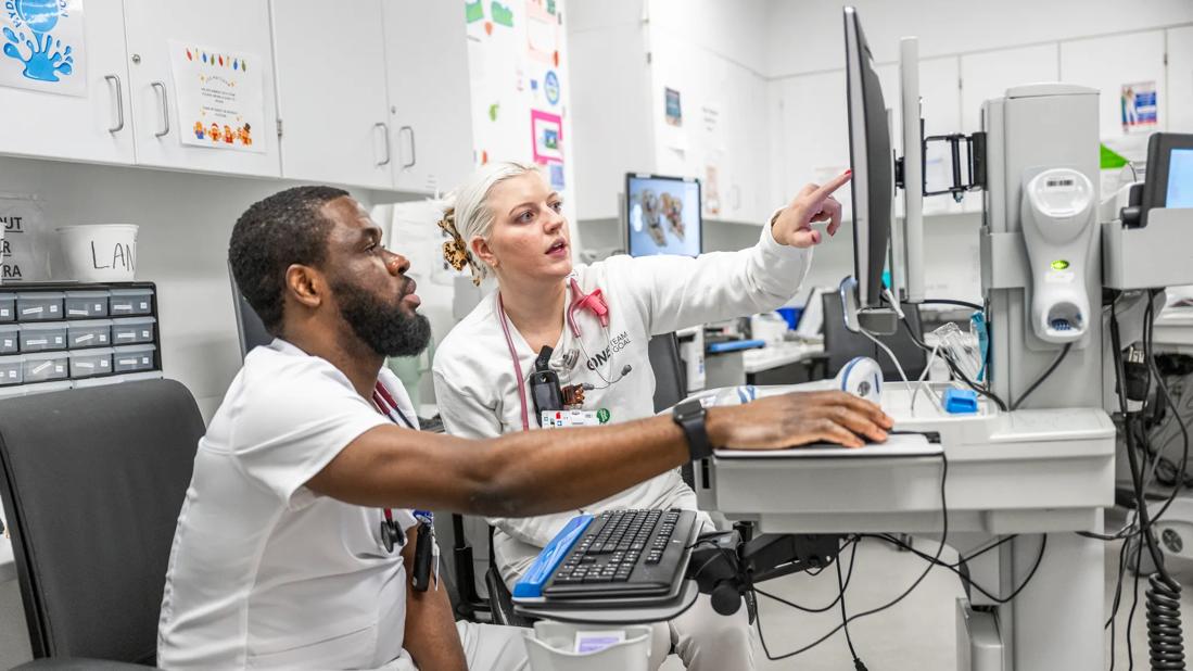 Two nurses at computer