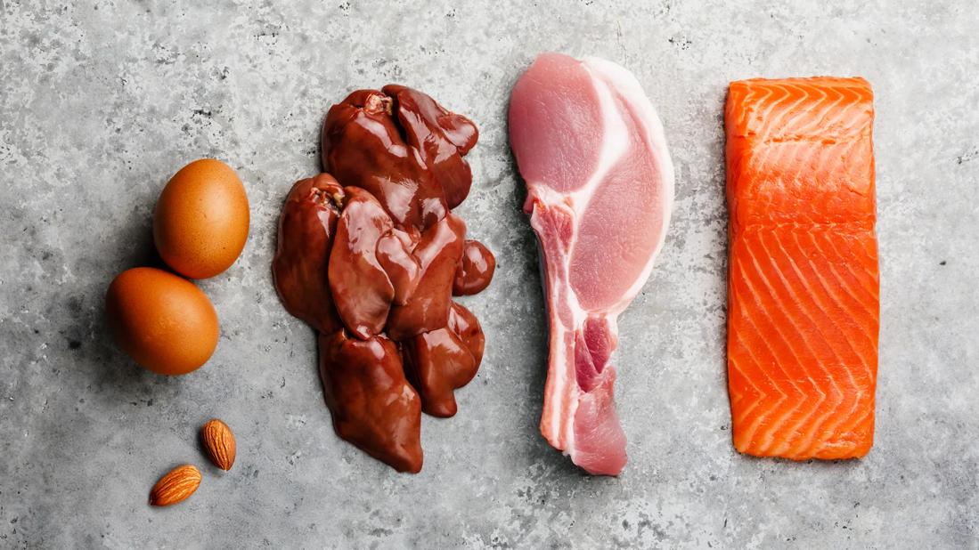 Raw liver, pork, salmon and eggs, and almonds