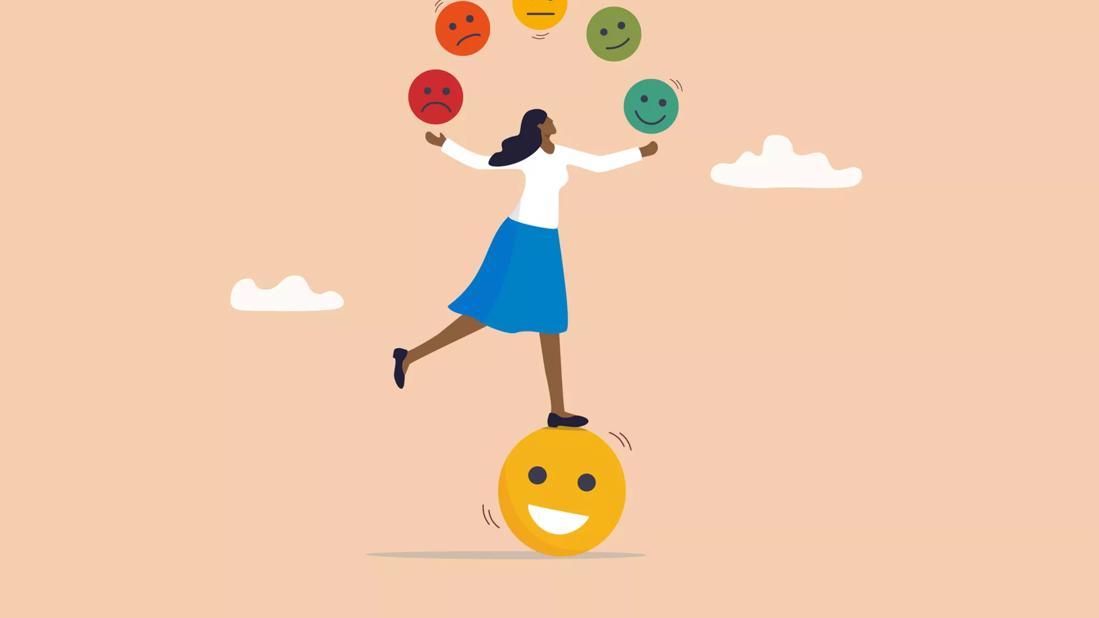 person balancing on a smiley face while juggling other emotions