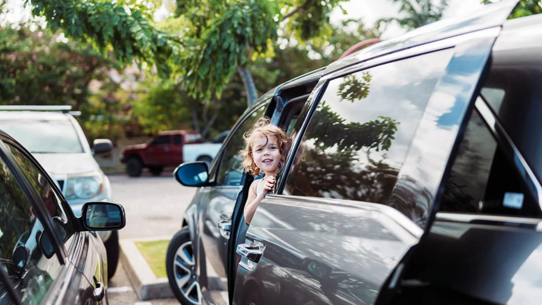 Happy toddler standing in, looking out van door