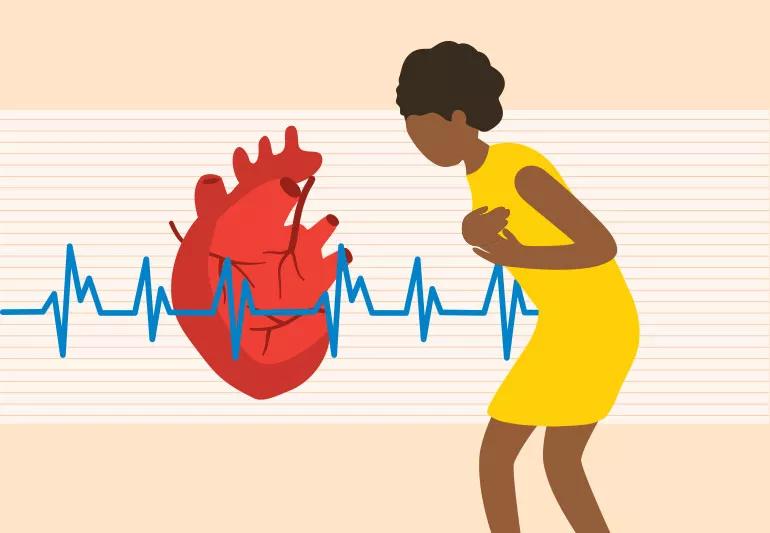 Person with chest pain and hard to breathe with heart and heartbeat in background.