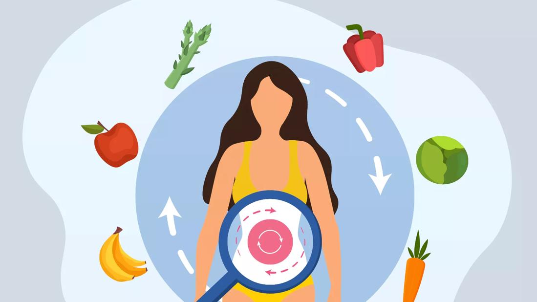 Illustration of a person with fruits and vegetables around them