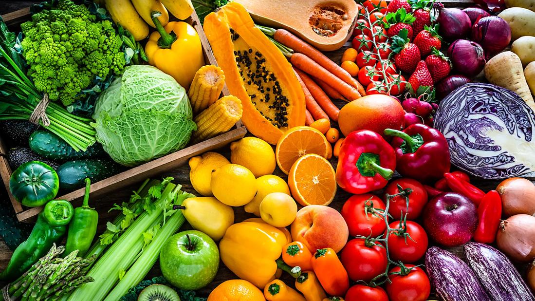Assorted fruits and vegetables in variety of colors