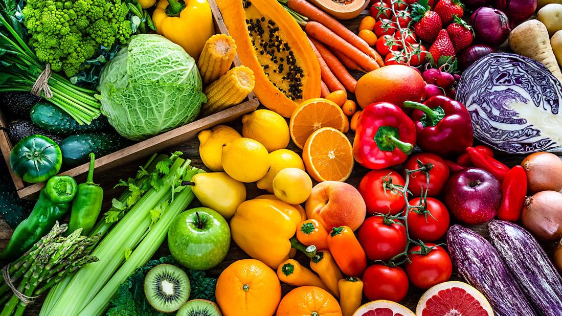 Assorted fruits and vegetables in variety of colors