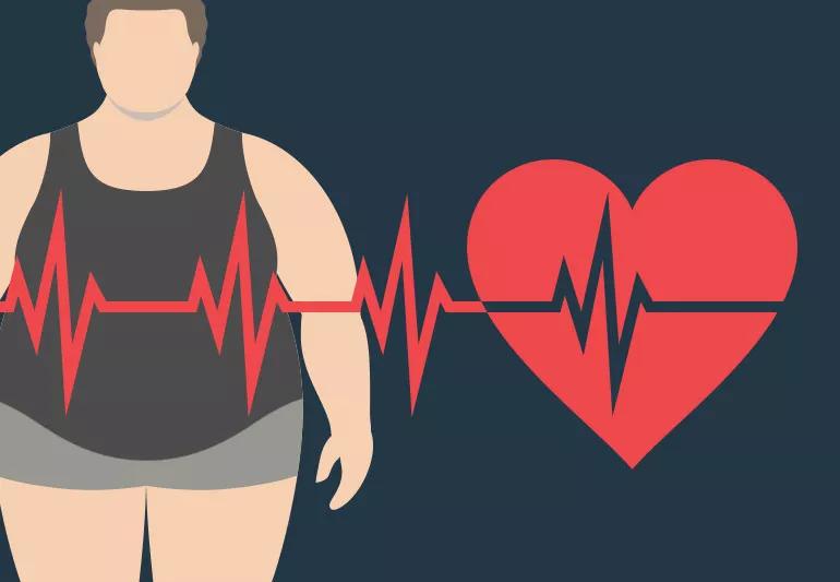 Illustration of an obese man and a heart rhythm line