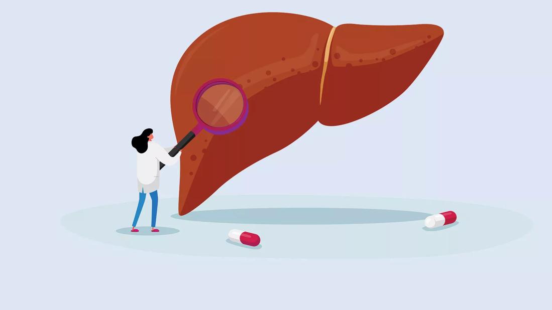 An illustration of a person looking at a liver with a magnifying glass