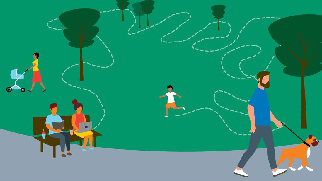 People in a park, walking a dog, sitting on bench, with a child and dotted lines of them running around