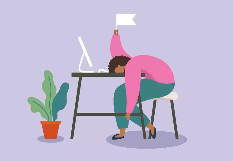 Illustration of woman slumped at desk holding a white flag over head