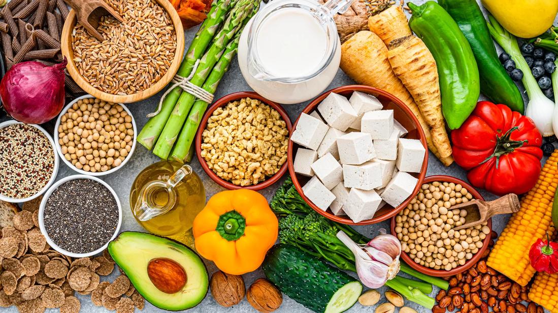 An array of meatless foods in different vessels on table