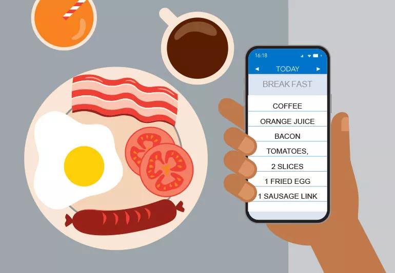 Person recording breakfast details on smartphone for food journal.