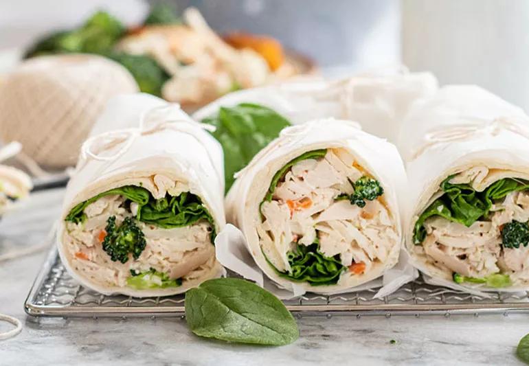 Crunchy broccoli slaw chicken wraps