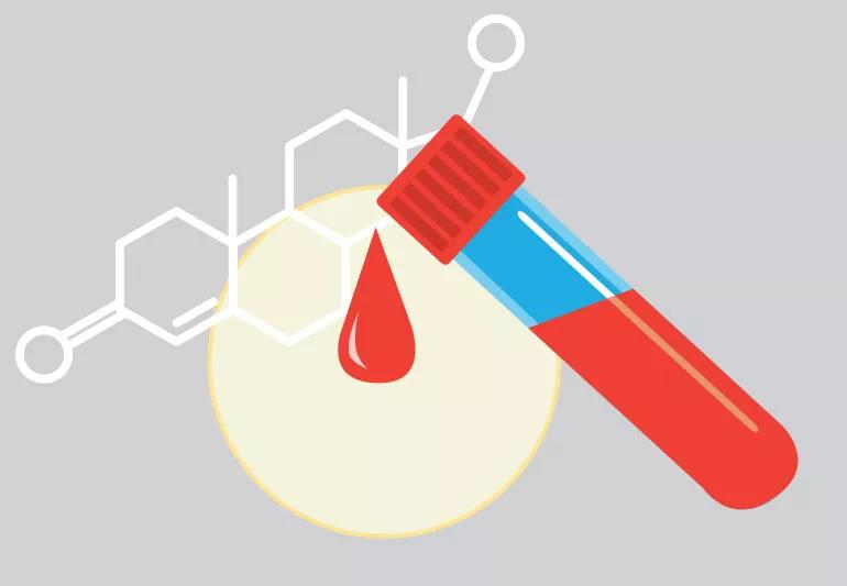 A drawing of a drop of red liquid coming out of a vial