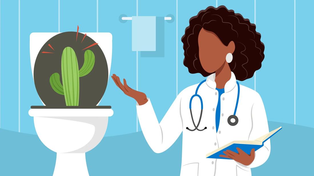 Cactus coming out of a toilet bowel in bathroom, with healthcare provider with open book, gesturing toward the toilet/cactus