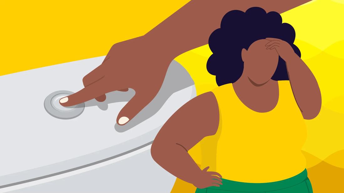 Person flushing a toilet, looking concerned, with yellow shirt and yellow background