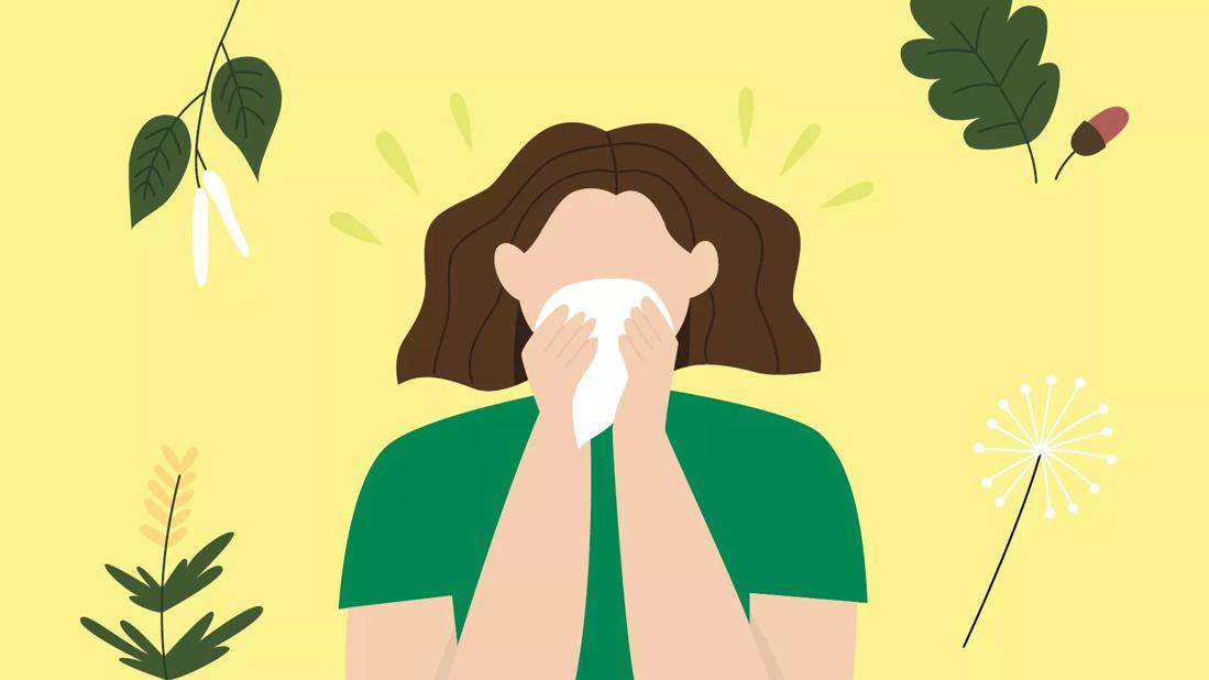 Illustration pof of person blowing nose in front of background of various plants and weeds