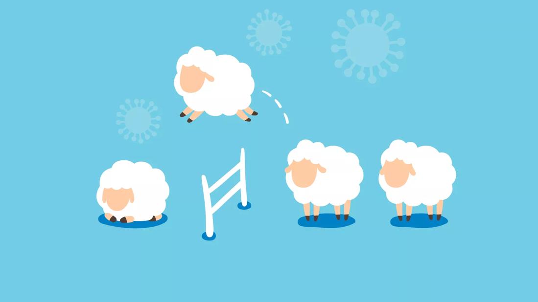 An illustration of sheep jumping over a fence.