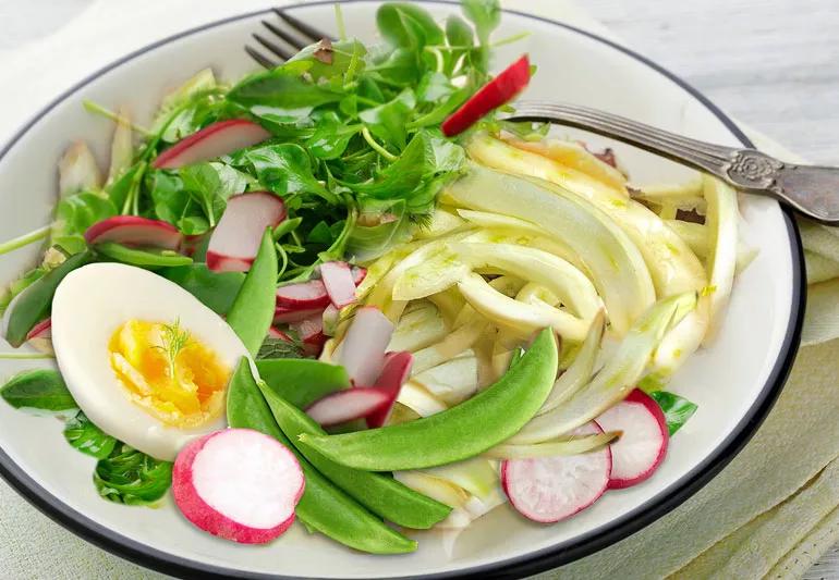 A salad of greens with fennel, radish, pea and half a hard-boiled egg