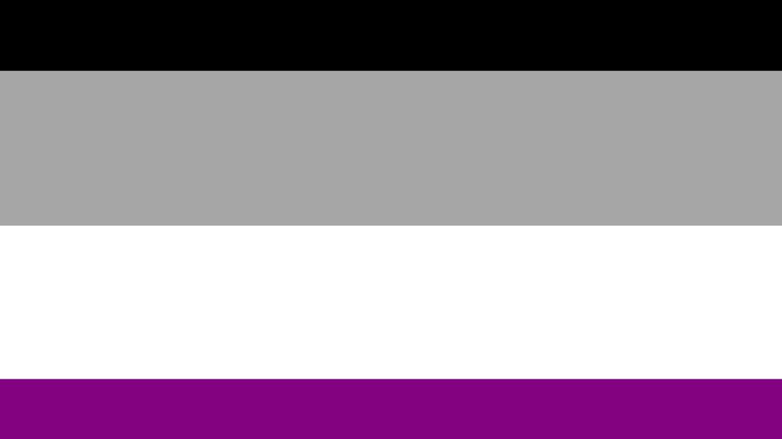 The asexual pride flag with stripes of black, grey, white and purple from top to bottom.