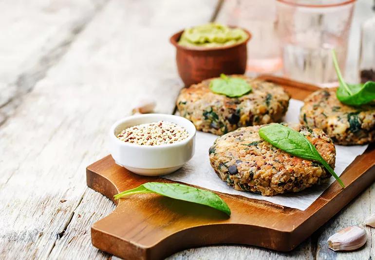 Quinoa vegan patties on a table.