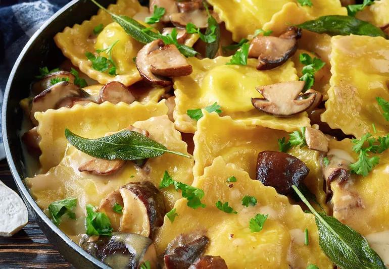 pumpkin ravioli with mushroom sauce