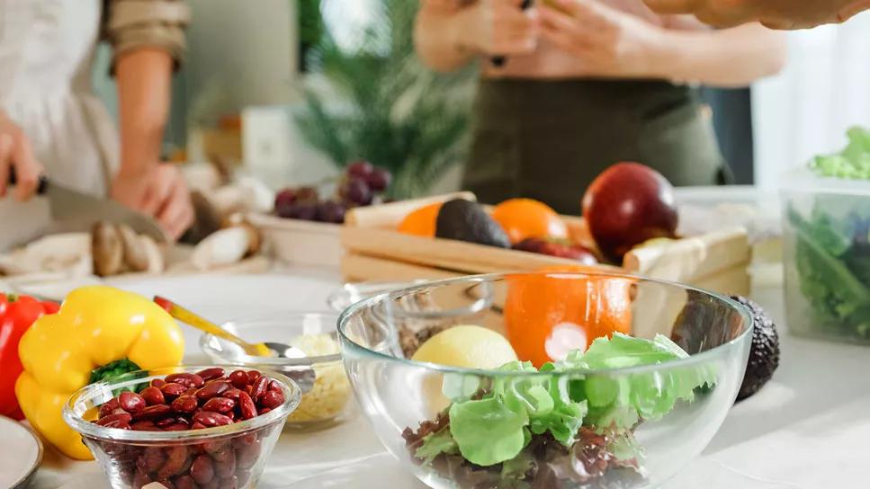 Counter top with healthy foods and meal prepping