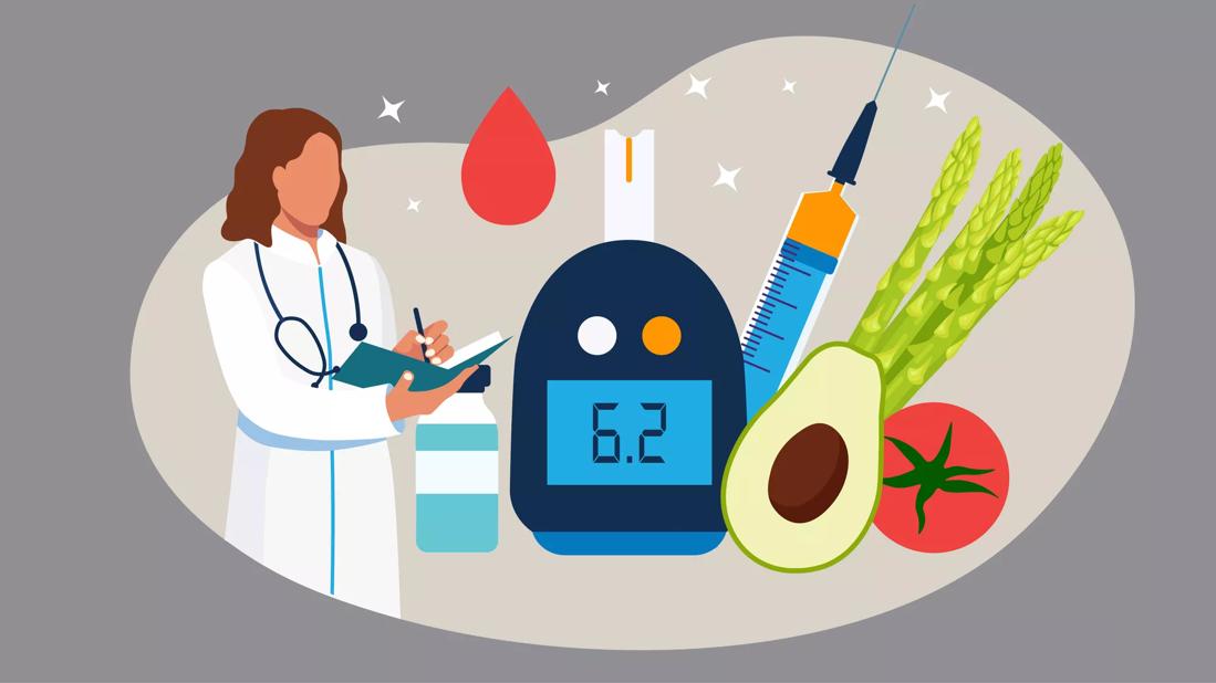 healthcare provider writing in notes, with glucometer, blood droplet, medicine and approved foods floating near