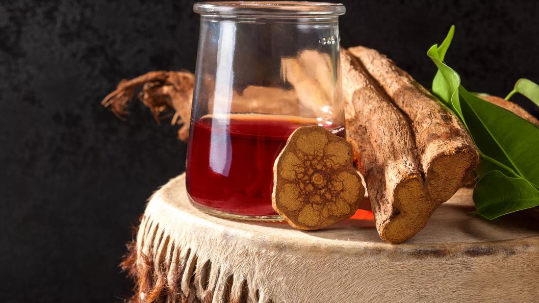 Glass of ayahuasca tea on stump